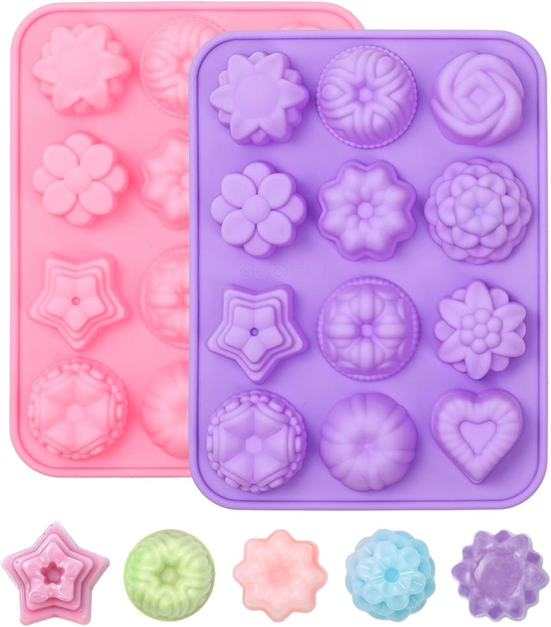 SJ Silicone Soap Molds 2 Packs, Flower Soap Molds for Soap Making,12 Cavities Different Shapes Mold for Craft Soap, Jelly, Chocolate, Candy, Lotion Bar, Bath Bombs & Ice Cube(Purple & Pink) - Image 1